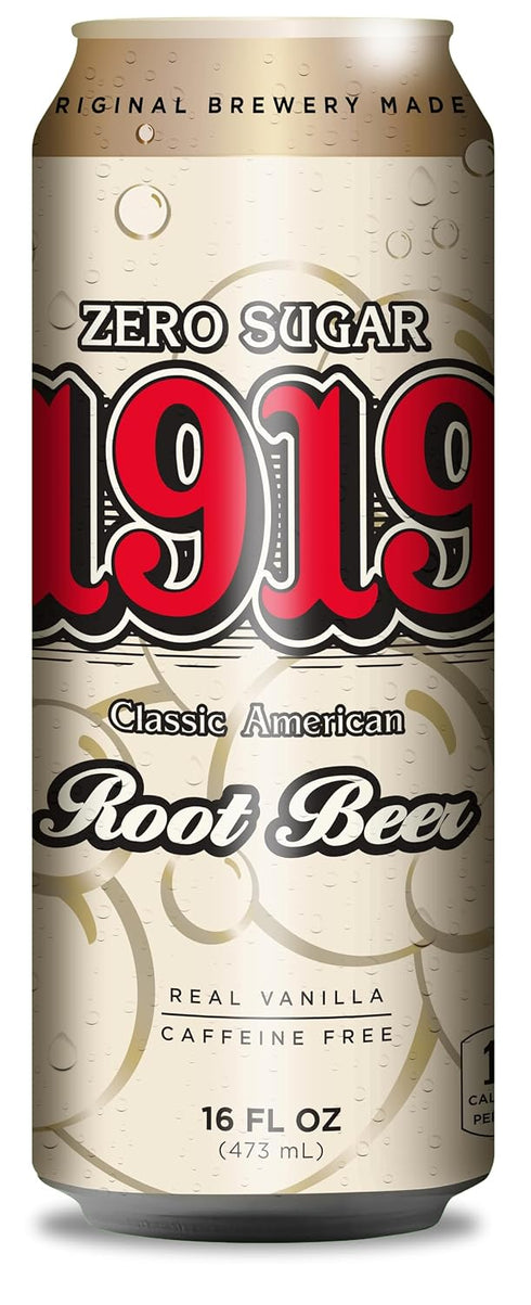 1919 Zero Sugar Draft Root Beer Soda, 16oz Cans, Caffeine-Free, Sugar Free and