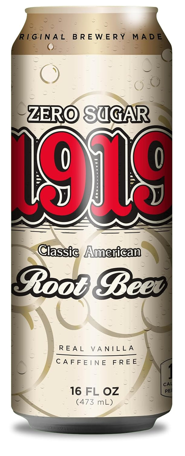 1919 Zero Sugar Draft Root Beer Soda, 16oz Cans, Caffeine-Free, Sugar Free and