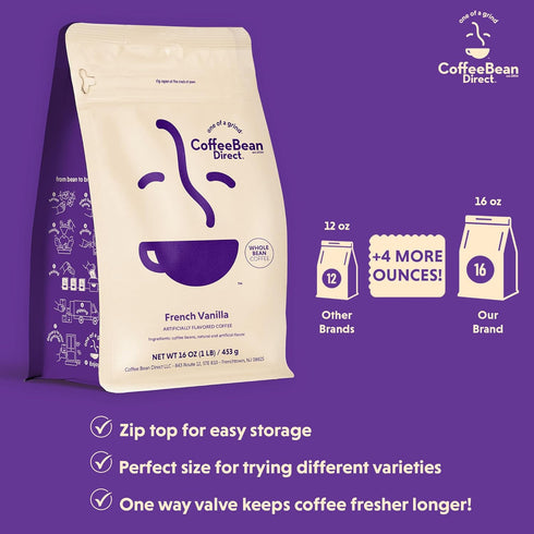 1 (Pack 1) Coffee Bean Direct French Vanilla Flavored, Whole Bean Coffee, Rich Vanilla Taste, Light Roast, Pound Bag