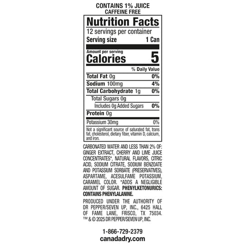 12oz, Pack 12 Canada Dry Zero Sugar Cherry Gingerale Fruit Splash