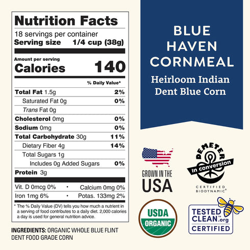 1.5 lb, Organic Blue Haven Cornmeal Unsalted, Heirloom Indian Dent Blue Corn, Non-GMO, Farmed From Regenerative Soil