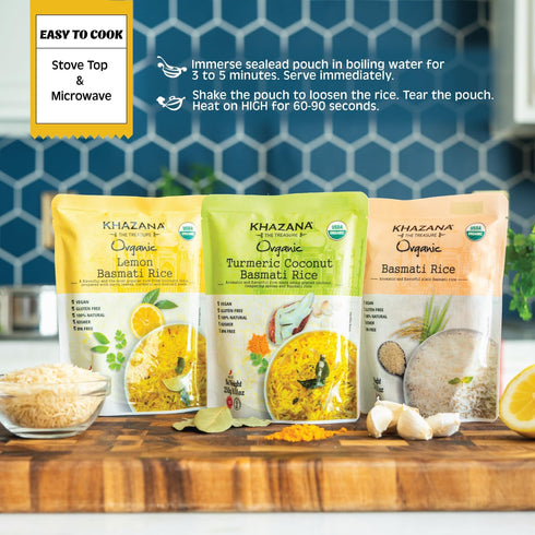 (Pack 6, 8.8oz) 90 Khazana Authentic Lemon Ready To Heat Basmati Rice of | Non-GMO, Vegan, Gluten Free & Kosher |