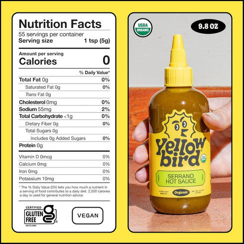9.8 oz. 2 Yellowbird Organic Serrano Hot Sauce Pantry Size (Kinda Hot | Bottles | Made w/Organic Garlic, Cucumber