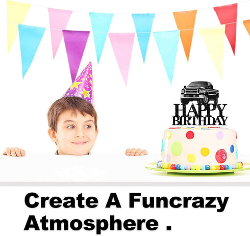 Pickup Truck Cake Topper, Happy Birthday Theme Black Glitter Decor Picks for Kids Adult Birthday Party