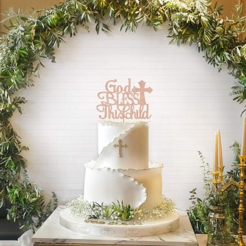 God Bless this Children Cake Topper, Rose Gold Glitter Baptism Cake Toppers for Christening, First Communion Baby Shower