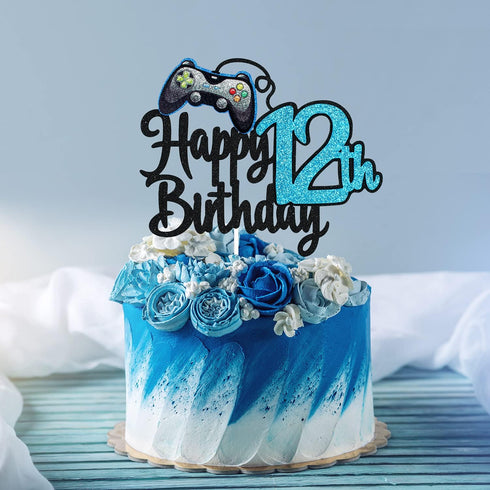 Video Game Happy 12th Birthday Cake Topper - Blue Cake Supplies for Boy's 12th Birthday Party - Game On Level Up