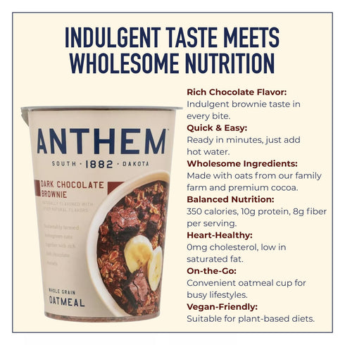 Anthem Dark Chocolate Brownie Instant Oatmeal Cup-Enjoy High-Protein Oatmeal Cups with Rich Chocolate Flavor-Ideal