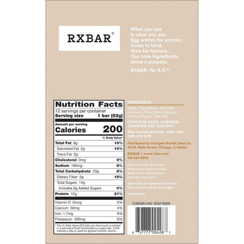 22oz (12 Count) RXBAR Protein Bars, Protein Snack, Snack Bars, Coconut Chocolate, Box