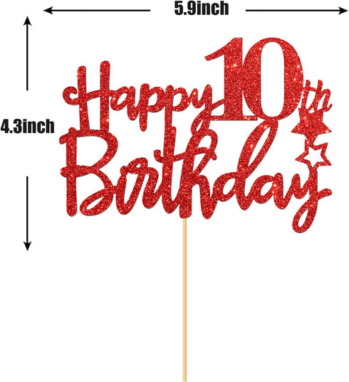 Red Glitter Happy 10th Birthday Cake Topper, Cheers to 10 Years Party Supplies, 10th Birthday Decorations