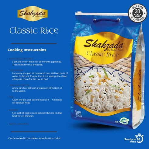 10 lbs Shahzada Classic White Rice Premium Aged, Aromatic & Flavorful Long Grain | Slender, Non-GMO, Quick Cooking
