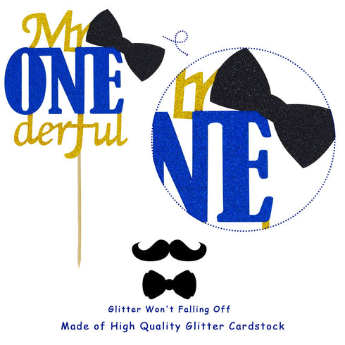 Joymee Mr Onederful Double Sided Cake Topper, 1st Birthday Decorations with Bowtie Gold Glitter