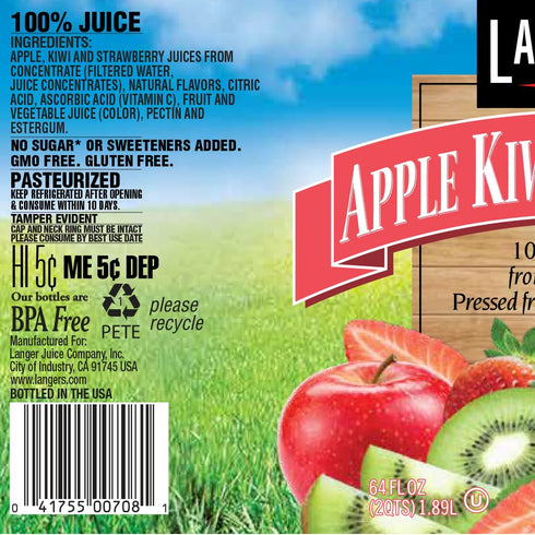 100% 64 Oz (Pack 8) Langers Juice with Vitamin C, Apple Kiwi Strawberry, Fl