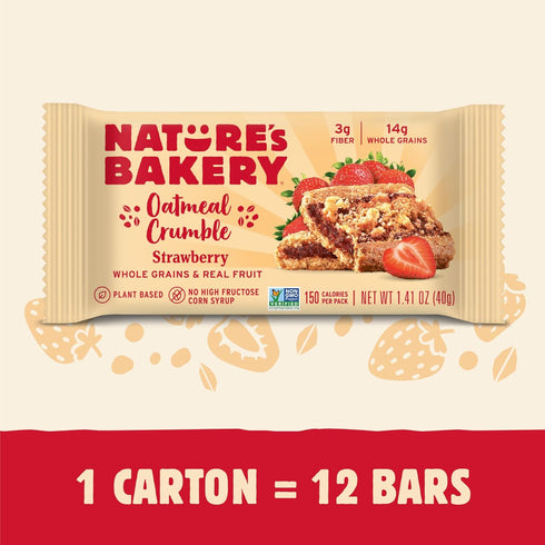 1 12 Natures Bakery Oatmeal Crumble Bars, Strawberry, Real Fruit, Vegan, Non-GMO, Breakfast bar, box with bars