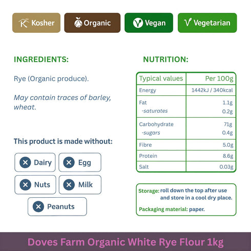2.2 lb (Pack 2) Doves Farm Organic White Rye Flour of - Ancient Grain Light Rye Flour for All British Baking: Breads