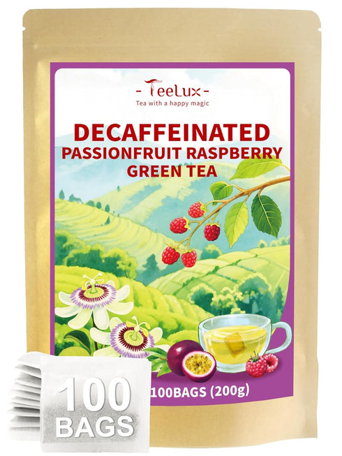 TeeLux Decaf Passionfruit Raspberry Green Tea, Passion Fruit & Raspberry Flavored Decaffeinated