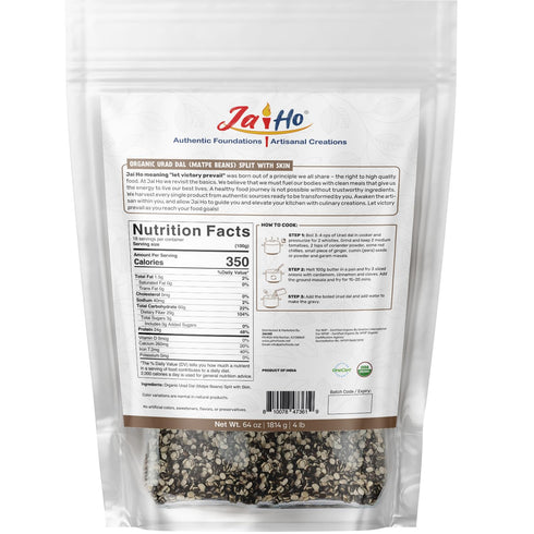 4 lb Jai Ho Certified Organic Urad Dal with Skin (Split Matpe Beans with Skin) - USDA Organic | Non-GMO | Chemical-Free