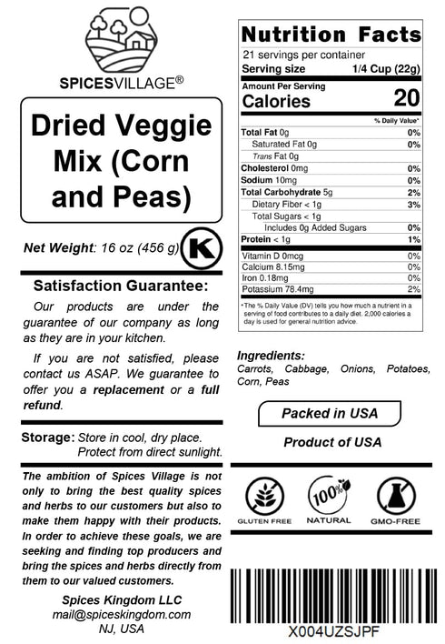 16 oz, SPICES VILLAGE Vegetable Soup Mix, Ramen Toppings, Mixed Vegetables Flakes, Mix of Carrots, Cabbage, Onions