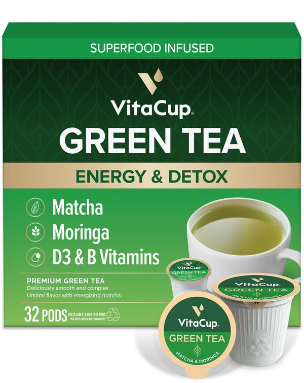 VitaCup Green Tea Pods, Enhance Energy & Detox with Matcha, Moringa, B