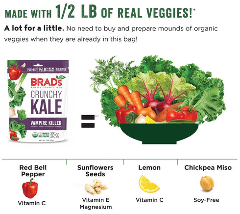 Brad's Plant Based Organic Crunchy Kale, Vampire Killer, 3 Bags, 6 Servings Total