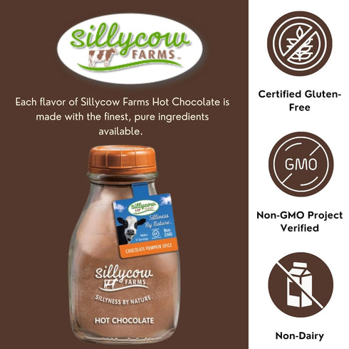 Packaging 16.9 oz Pack 6 Sillycow Farms Hot Cocoa Pumpkin Spice Mix Rich Chocolate Delight Gluten Free Non GMO Dairy