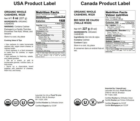 8 Food to Live - Organic Cashews, Ounces Whole, Unsalted, Non-GMO, Kosher, Raw, Vegan, Bulk