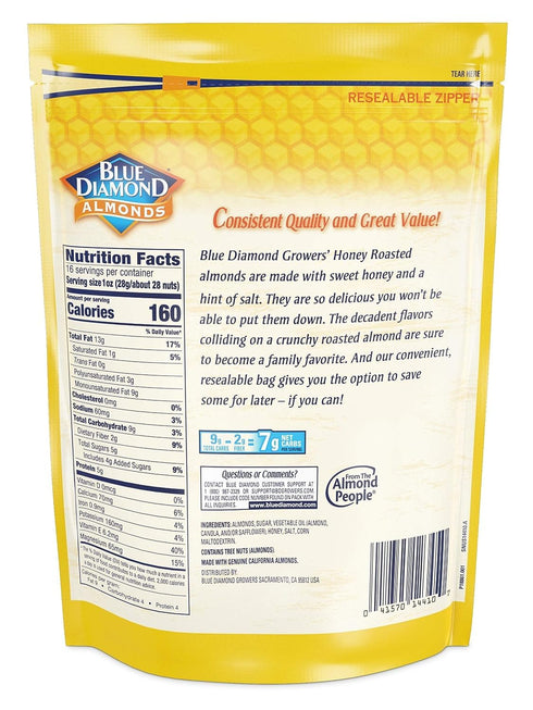 16Oz, 1 (Pack 1) Blue Diamond Almonds Honey Roasted Snack Almonds, Party Salty Snack, Plant-Based Protein and Fiber