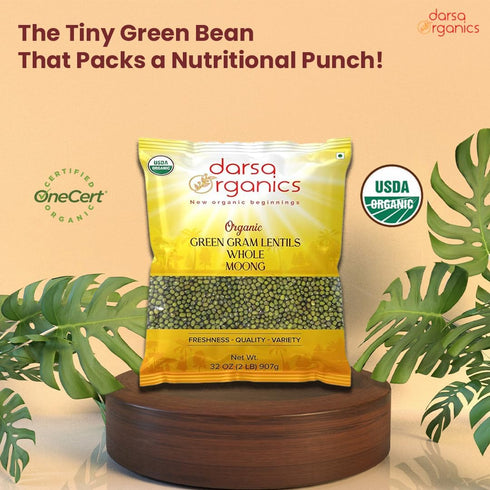 2 lb Darsa Organics Whole Green Moong (Mung) Bean Lentils USDA Organic, Non-GMO, Kosher, Gluten-Free | Protein & Fiber