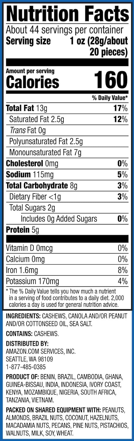 2.75 (Pack 1) Amazon Brand - Happy Belly Roasted & Sea Salted Fancy Whole Cashews, pound