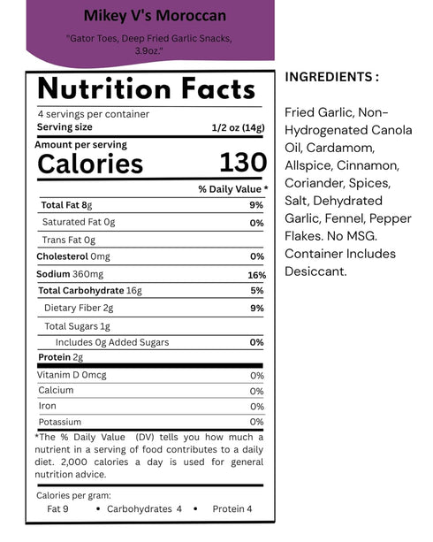 3.9 oz Mikey Vs Moroccan Gator Toes Deep-Fried Garlic Snacks, Crunchy Garlic Bites, Bag