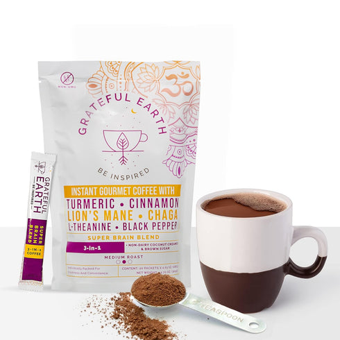 Immune 20 Packets Grateful Earth Mushroom Coffee, Coconut Instant Coffee with Lions Mane Mushrooms, Chaga, Turmeric