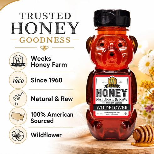 (12 oz) Weeks Honey Farm Wildflower Honey - Pure, Raw, Unfiltered, Gluten Free, Kosher, and Rich in Nutrients
