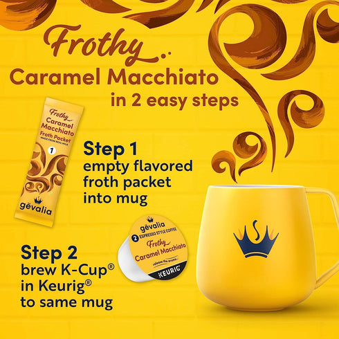 2-Step Packets 6 (Pack 3) Gevalia Frothy Caramel Macchiato Espresso Style K-Cup Coffee Pods & Froth Kit, CT