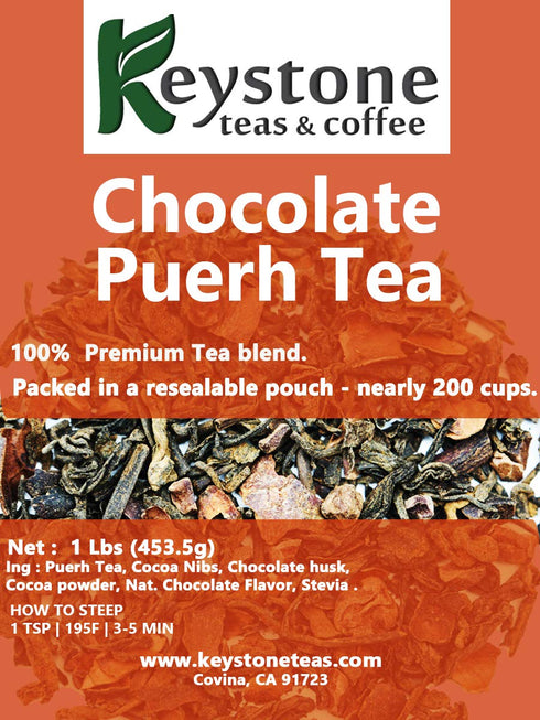 flavor-16 Oz Chocolate Puerh Loose Leaf Tea, Natural Ingredients: Pu erh tea, Cocoa Nibs and Milky Chocolate