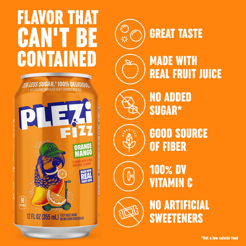 12 Oz (24 PLEZi FiZZ Stawberry Lemonade & Orange Mango Sparkling Juice Bundle No Added Sugar, Low Sugar Soda