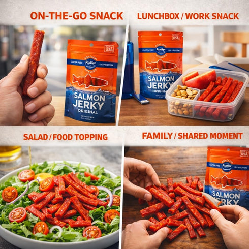 3, 2 oz (57 Rublev Salmon Jerky Original Flavor Wild Caught Dried Fish Strips, High Protein Snack with Omega Gluten