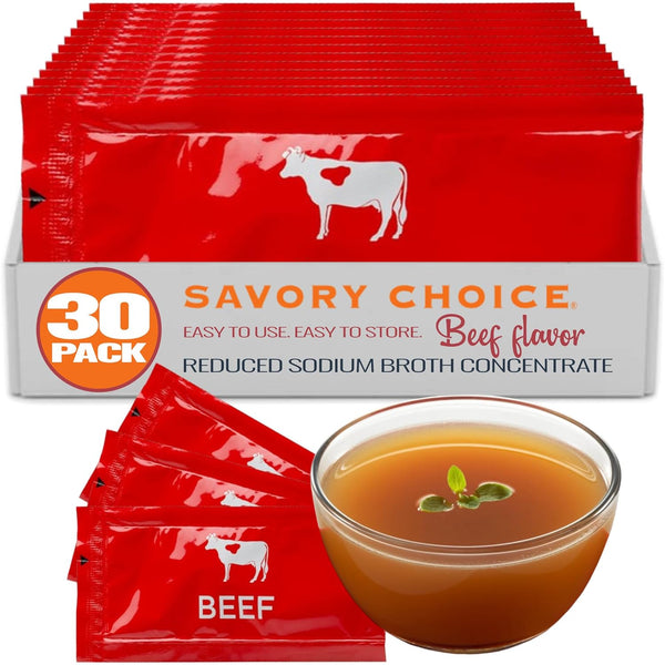 SAVORY CHOICE Reduced Sodium Beef Broth Concentrate, 30 Packets (9.6g) - Gluten-Free,