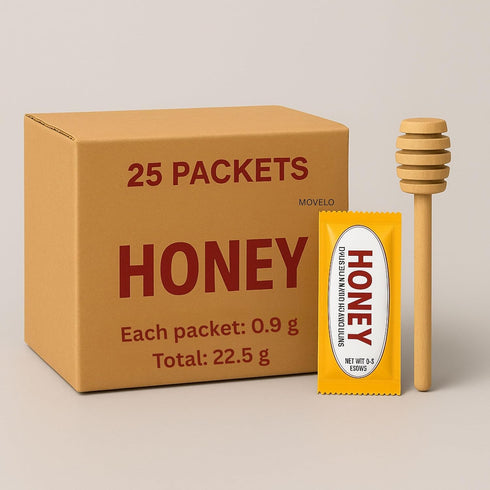 Movelo Packets 25 Packs Pack Honey Single-Serve Portion Sachets with Wooden Dipper Natural Sweetener for Tea, Coffee