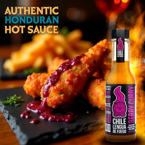 1 Chile Lengua de Fuego Berry Curry Hot Sauce - Bottle - Scotch Bonnet, Mango, Blackberry & Curry Paste - Fruity