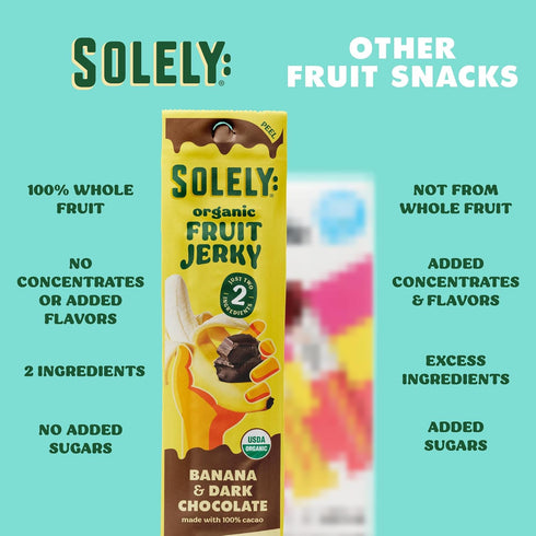 12 0.8oz (23g) SOLELY - Organic Banana Chocolate Drizzled Fruit Jerky - Individually Wrapped Strips - Fruit Leather