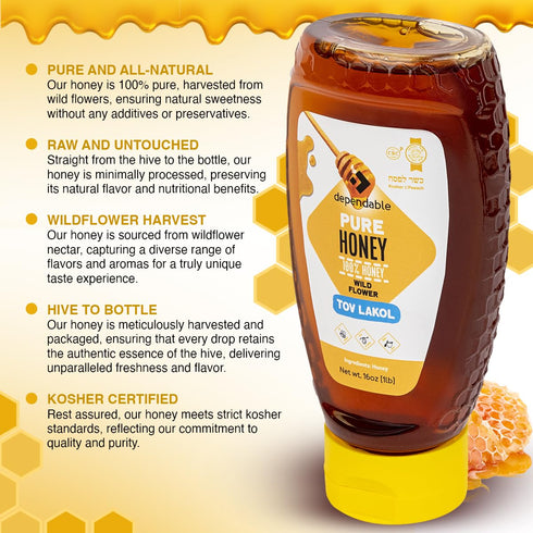 16 oz. 100% Dependable Food Raw Honey - Squeeze Bottle - Pure, Raw, All Natural, Wildflower Honey - Hive to Bottle