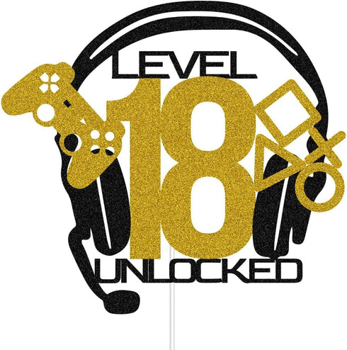 Level 18 Unlocked Cake Topper: Video Game Happy 18th Birthday Cake Decorations, Gold & Black Glitter