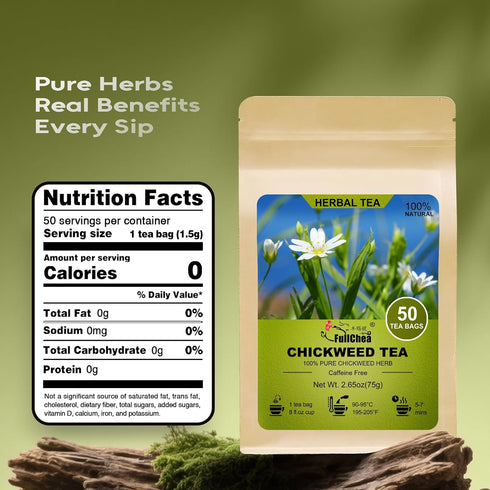50 FullChea - Chickweed Tea, Teabags - Premium Natural Chickweed Herb - Non-GMO - Caffeine-Free Herbal Tea - Soothe
