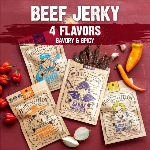 Righteous Felon Beef Jerky Variety Pack, Gluten Free Snack Packs for Adults, High Protein, Keto, Low Sugar, 4 Pack