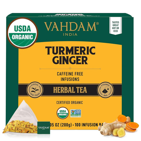VAHDAM Organic Turmeric Ginger Herbal Tea Bags (100 Pyramid Tea Bags) Caffeine