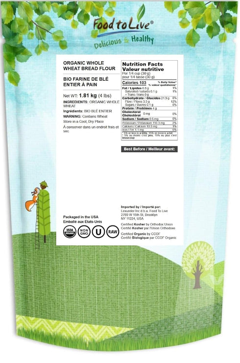 4 Food to Live Organic Whole Wheat Bread Flour, Pounds Whole Grain, Stone Ground, Unbleached, Non-GMO, Kosher