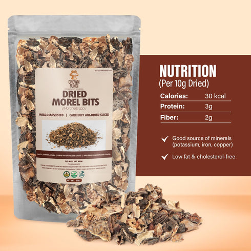 Crown Fungi 3oz Pack Dried Moral Bits, of Dried Wild Mushrooms, Ideal Chopped Mushrooms for Gourmet Recipes, Thoughtful