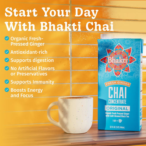 32oz (8 Bhakti Chai Tea Concentrate | Original, Organic Fresh Ginger, Black Tea, Sweetened, Spiced, Dairy-Free, Vegan