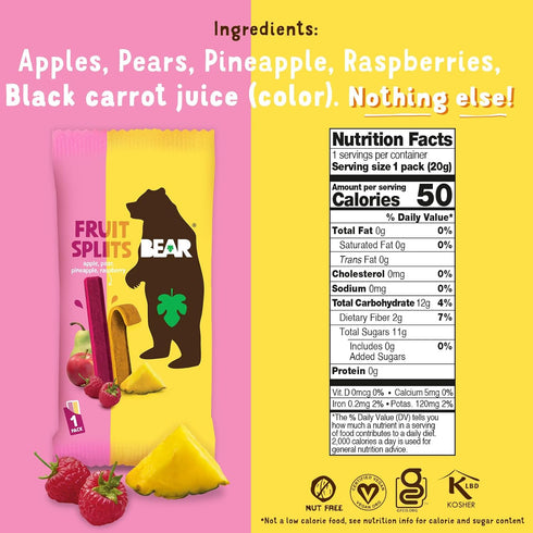 0.7 (Pack 18) BEAR Real Fruit Snack Splits - Gluten Free, Vegan, and Non-GMO - Raspberry and Pineapple Healthy School