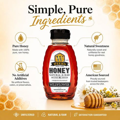 16 oz Weeks Honey Farm Wildflower Honey Raw & Unfiltered, Pure Natural Honey, Rich Floral Flavor, USA Harvest, Squeeze