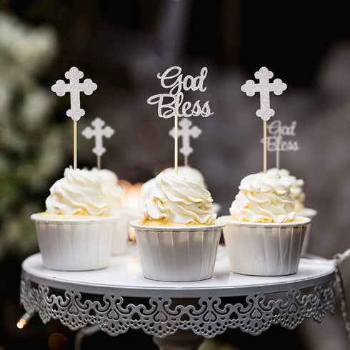 Ercadio 24 PCS Silver Glitter God Bless and Baptism Cupcake Toppers, Cross Cupcake Picks, Christian Party Supplies